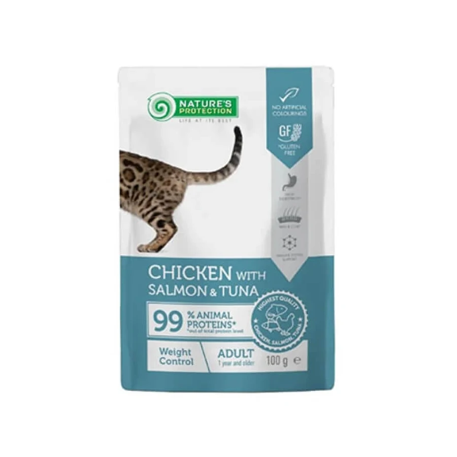 Nature's Protection Weight Control - Kip, zalm en tonijn - Compleet voer voor gewichtsbeheersing bij volwassen katten, 100 g