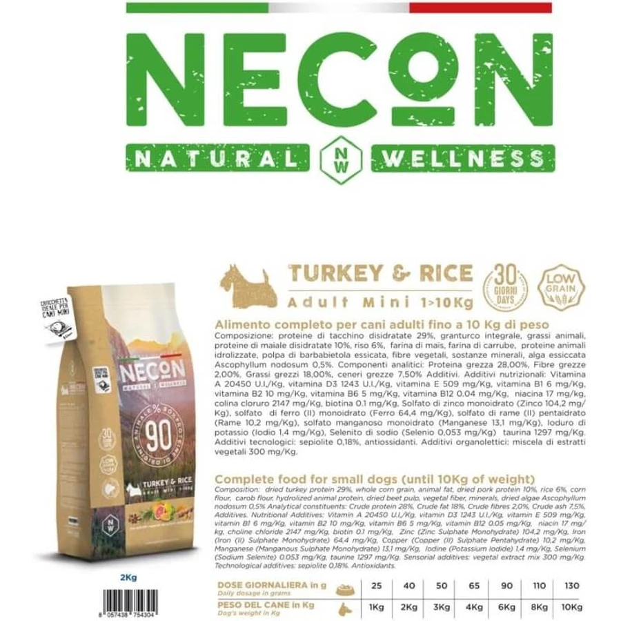 Necon Pet Food Natural Wellness Adult Mini mit Truthahn und Reis – Alleinfuttermittel für kleine erwachsene Hunde, 2 kg