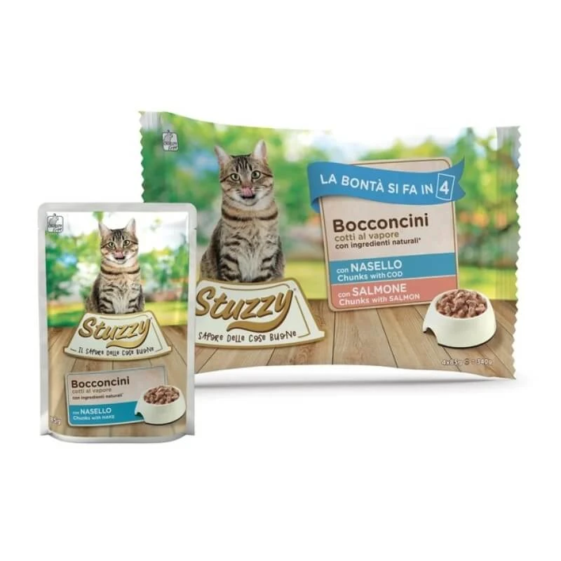 Stuzzy Bocconcini Seehecht und Lachs – Alleinfuttermittel für ausgewachsene Katzen, 4 x 85 g