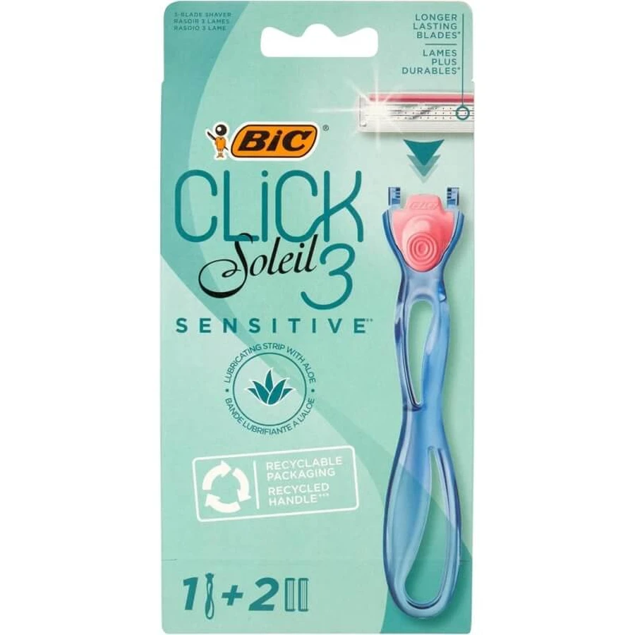 Bic Click 3 Soleil Sensitive – aparat de ras reîncărcabil pentru femei, cu mâner din plastic reciclat + 2 încărcătoare