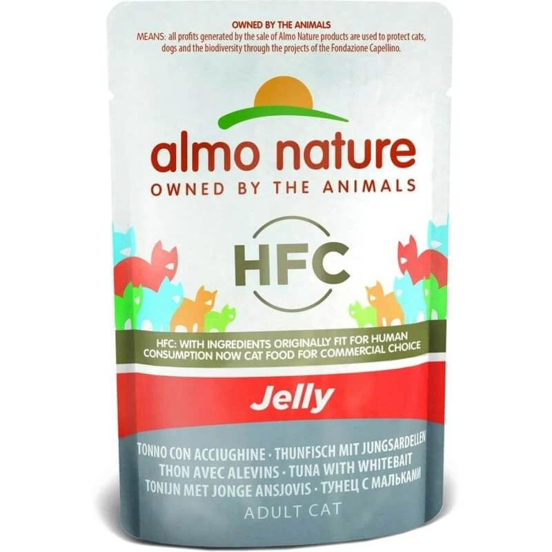 Almo Nature HFC Jelly mit Thunfisch und Sardellen – Ergänzungsfuttermittel in Form von Nassfutter für ausgewachsene Katzen, 55 g