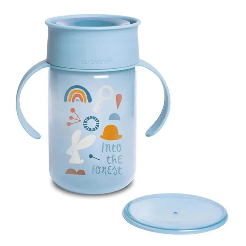 Suavinex 360° Trinklernbecher „Forest“ – 340 ml, hellblauer Becher mit Henkeln, ab 12 Monaten