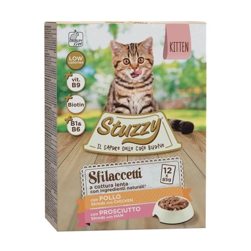 Stuzzy Kitten Kalbfleisch- und Schinkenstreifen – Alleinfuttermittel für Kätzchen, 12 x 85 g