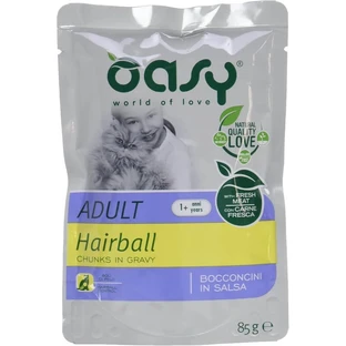 Oasy Wet Cat Chicken Hairball Bites - Volledig voer voor volwassen katten met haarballen, 85 g