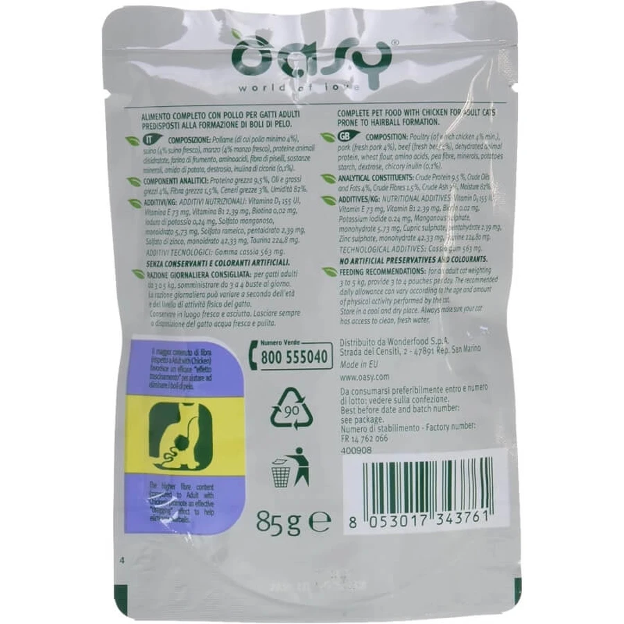 Oasy Wet Cat Chicken Hairball Bites - Volledig voer voor volwassen katten met haarballen, 85 g