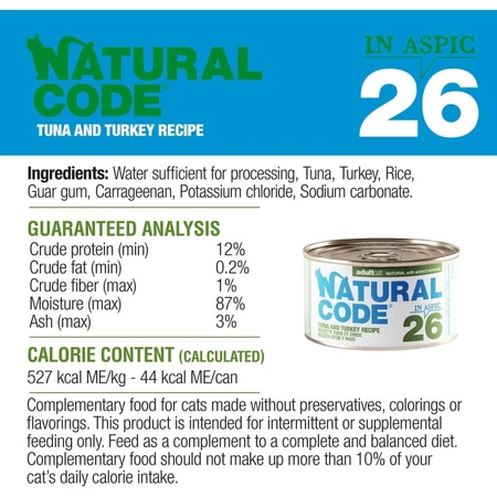 Natural Code 26 Tonijn en Kalkoen - Compleet voer voor volwassen katten, 85 g