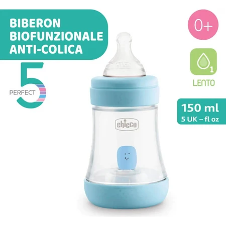 Chicco Perfect 5 – butelka z ustnikiem o powolnym przepływie, zapobiegająca kolkom, 150 ml, jasnoniebieska: ceny i cechy