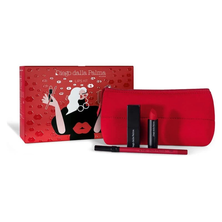 Kit pour les lèvres Diego dalla Palma - Rouge à lèvres Lumi-Matt n° 37 + étui rechargeable + crayon à lèvres Stayonme n° 166 + pochette
