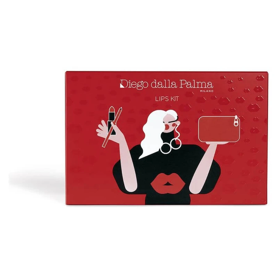 Kit pour les lèvres Diego dalla Palma - Rouge à lèvres Lumi-Matt n° 37 + étui rechargeable + crayon à lèvres Stayonme n° 166 + pochette