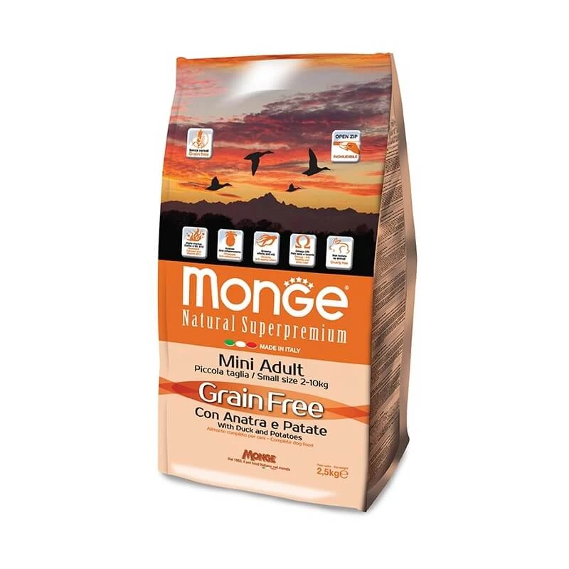 Monge Natural Superpremium Getreidefreies Trockenfutter für erwachsene Hunde „Mini“ mit Ente und Kartoffeln, 2,5 kg