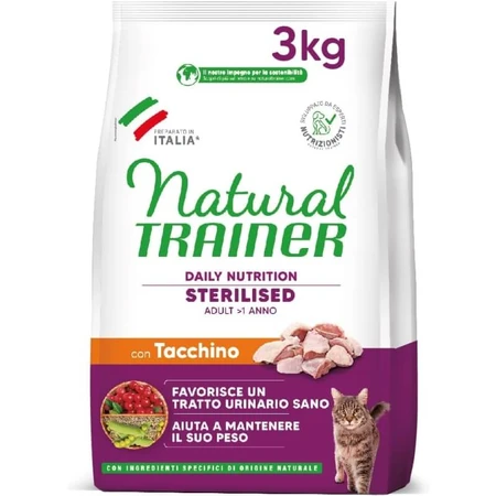 Natural Trainer Daily Nutrition Pavo esterilizado - Alimento completo para gatos adultos esterilizados, 3 kg