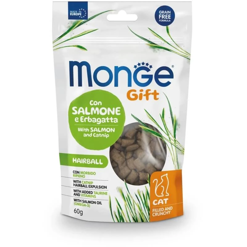 Monge Gift Hairball mit Lachs und Katzenminze – Trockenfutter für ausgewachsene Katzen, 60 g