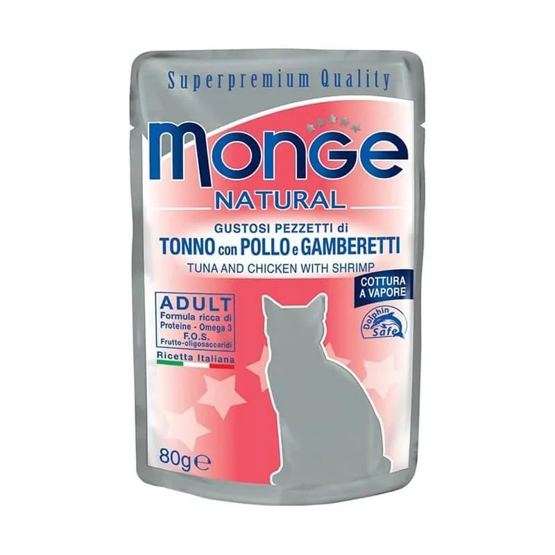 Monge Natural für Erwachsene – Thunfischstücke mit Hähnchen und Garnelen 80 g