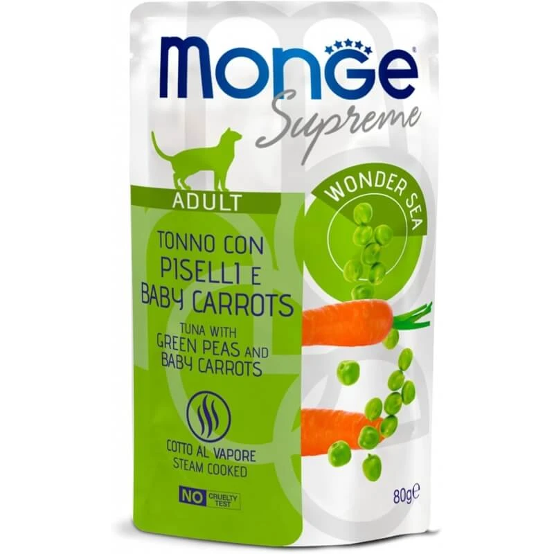Monge Supreme Adult Thunfisch mit Erbsen und Babykarotten – Ergänzungsfuttermittel für ausgewachsene Katzen, 80 g