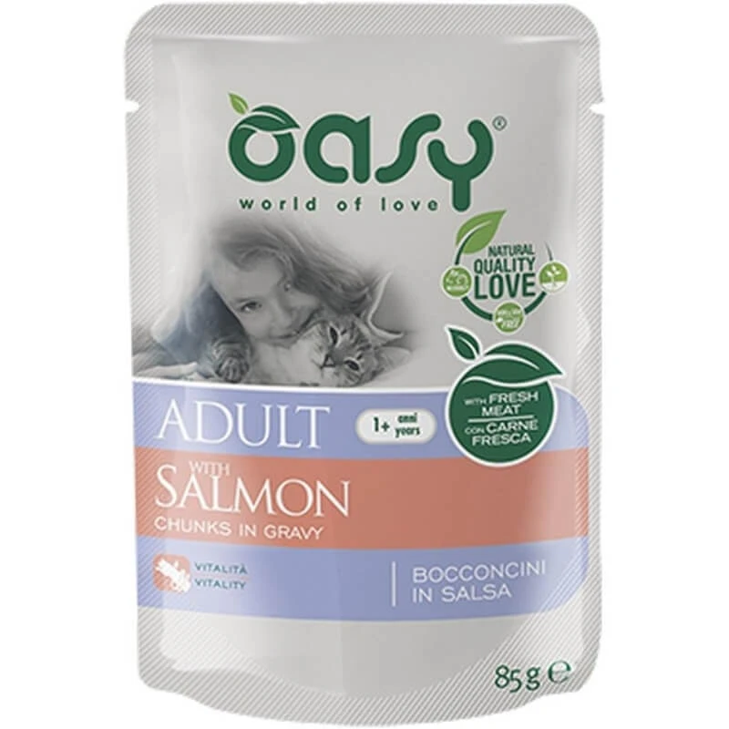 Oasy Nassfutter für Katzen „Salmon Bites“ – Alleinfuttermittel für ausgewachsene Katzen, 85 g