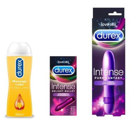 Pachet Vibrator Pure Fantasy + Bullet + Gel Massage Ylang, 200 ml, Durex