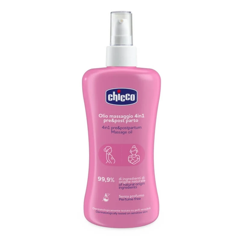 Chicco 4-in-1-Massageöl – zur Vorbeugung von Dehnungsstreifen, feuchtigkeitsspendend und hautstraffend, zur Anwendung vor und nach der Geburt, 200 ml
