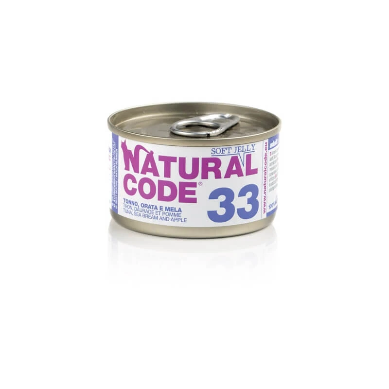 Natural Code 33 Weichgel mit Thunfisch, Seebrasse und Apfel – Alleinfuttermittel für ausgewachsene Katzen, 85 g