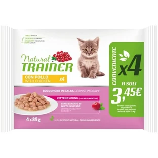 Natural Trainer Kitten și Young Pollo – hrană completă pentru pisoi, pisici gestante sau care alăptează, 4 pliculețe a câte 85 g