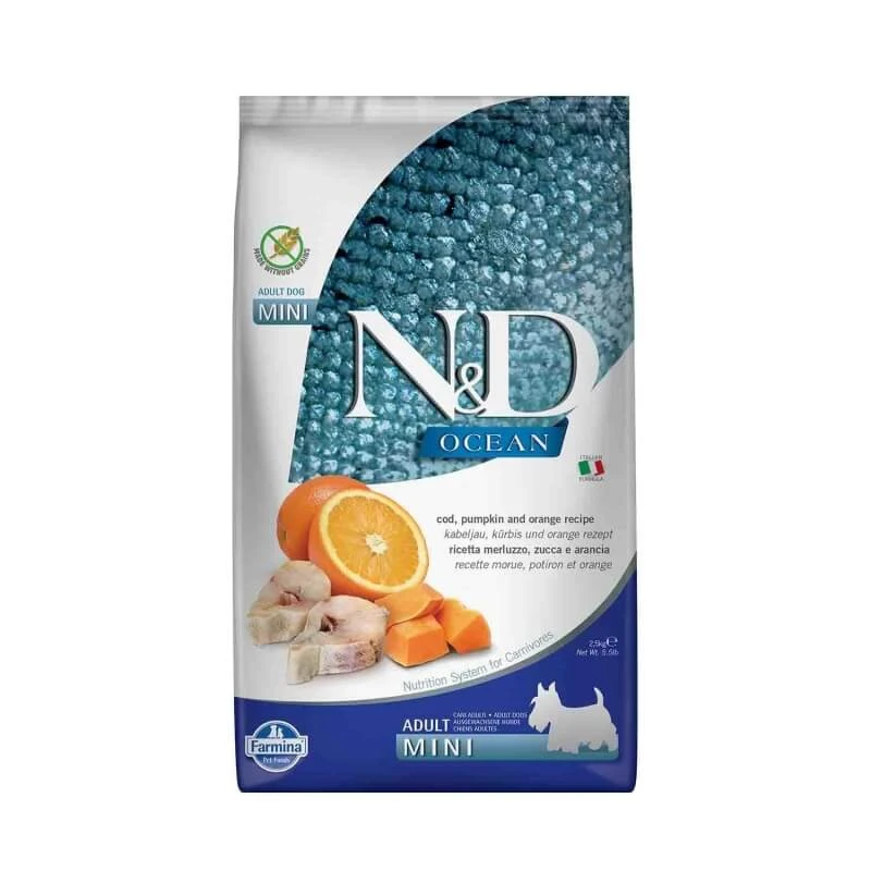 Farmina N&d Ocean Adult Mini Kabeljau, Kürbis und Orange – Alleinfuttermittel für kleine erwachsene Hunde, 2,5 kg