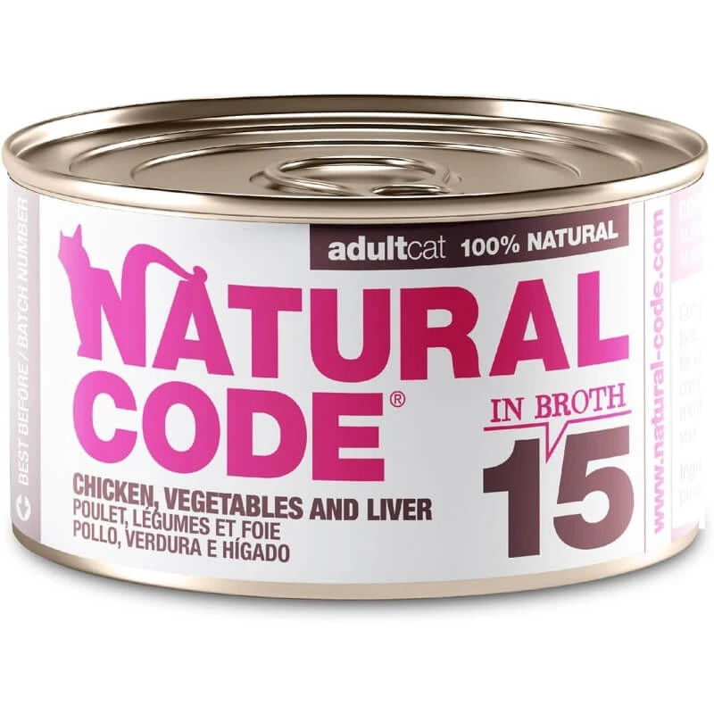 Natural Code 15 Huhn, Gemüse und Leber – Alleinfuttermittel für ausgewachsene Katzen, 85 g
