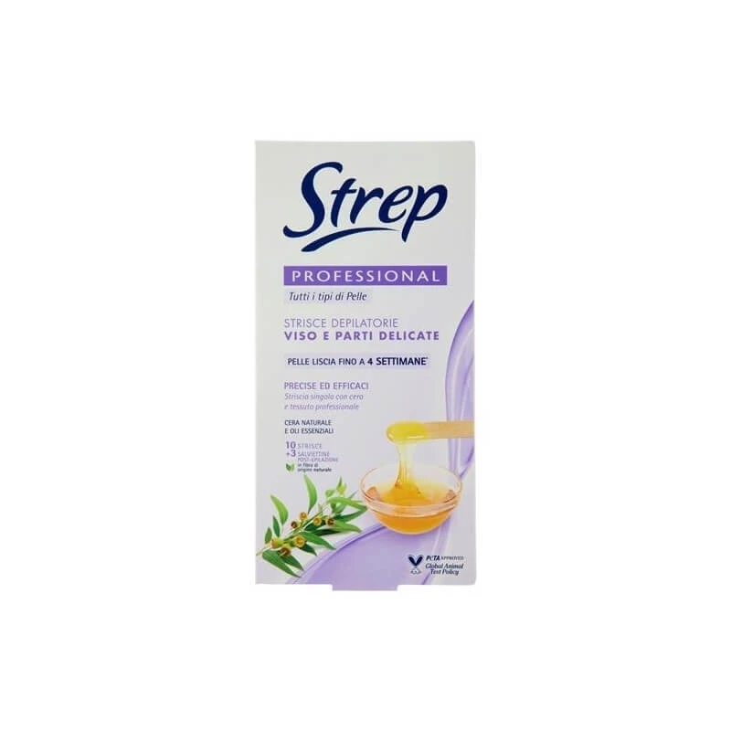 Strep Professional – Enthaarungsstreifen für das Gesicht und empfindliche Bereiche – 10 Streifen + 3 Reinigungstücher für nach der Haarentfernung
