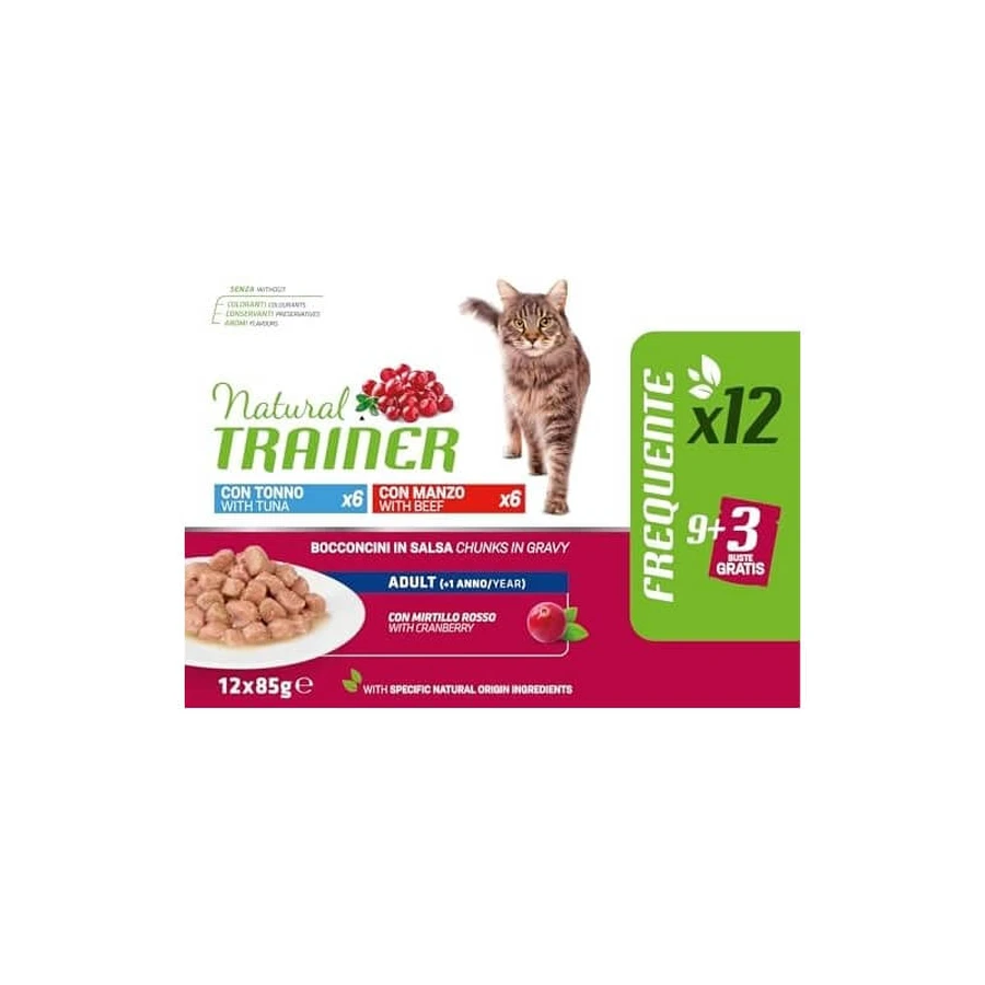 Natural Trainer Adult Tuna and Beef Bites Multipack - Complete Food for Adult Cats, 12 pouches x 85 g