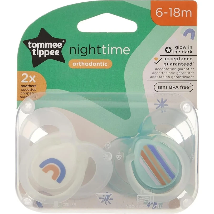 Tommee Tippee Closer to Nature - 2 siliconen nachtspeentjes, 6–18 maanden - diverse kleuren