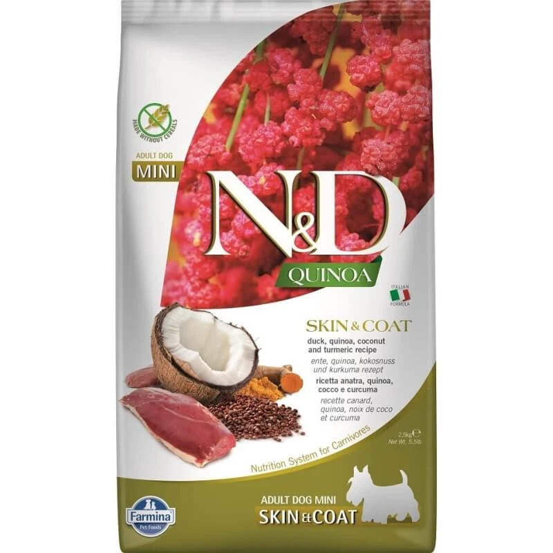 Farmina N&d Quinoa Skin & Coat Ente, Kokosnuss und Kurkuma – Trockenfutter für Hunde mit Nahrungsmittelunverträglichkeiten, 2,5 kg