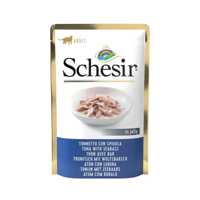 Schesir Baby Thunfisch und Wolfsbarschfilets in Gelee – Nassfutter für ausgewachsene Katzen, 85 g