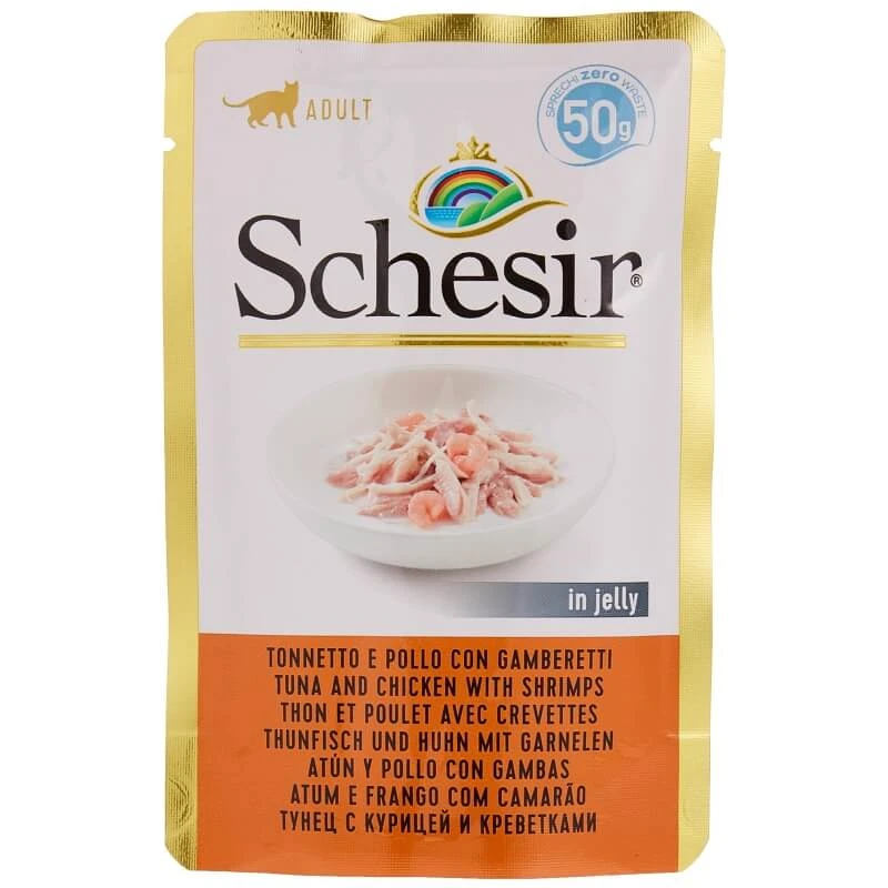 Schesir Thunfisch und Huhn mit Garnelen in Gelee – Alleinfuttermittel für ausgewachsene Katzen, 50 g