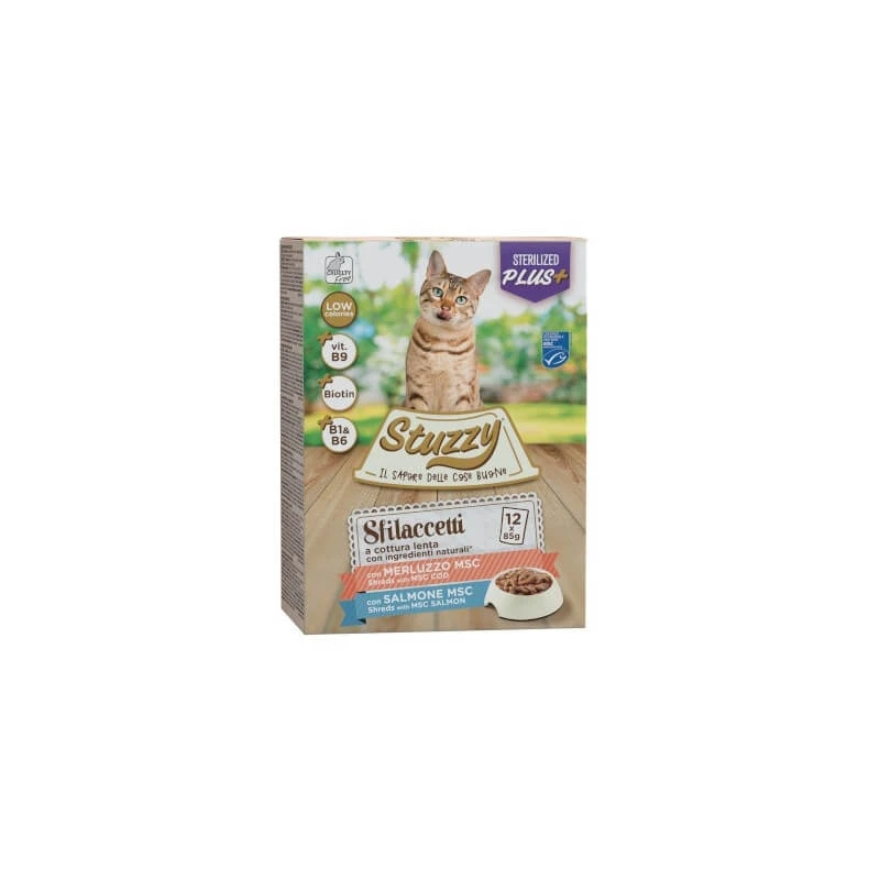 Stuzzy Multipack – Sterilisierte Lachs- und Kabeljau-Streifen – Alleinfuttermittel für kastrierte Katzen, 12 x 85 g