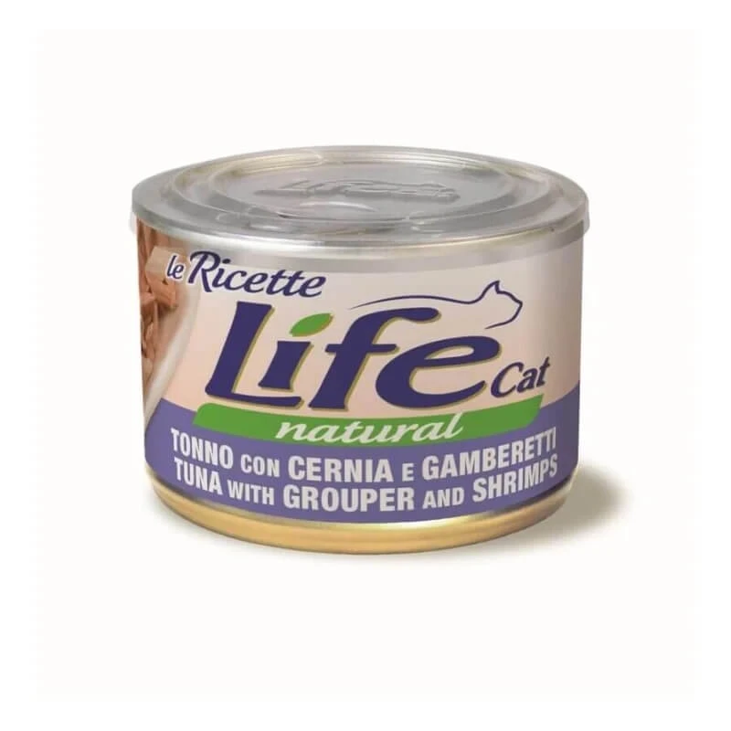 Life Petcare Life Cat – Natürliche Rezepturen mit Thunfisch, Zackenbarsch und Garnelen – Nassfutter für Katzen, 150 g