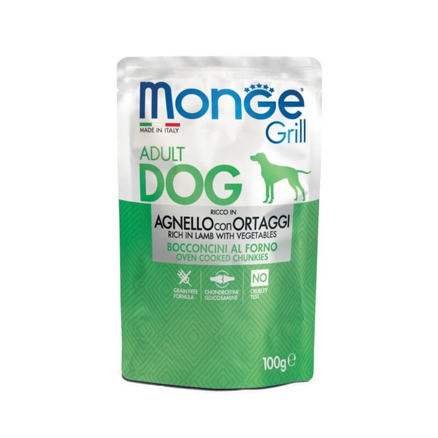 Monge Grill: bucățele de miel și legume la cuptor – hrană completă pentru câini, 100 g