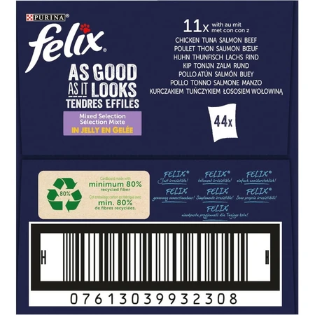 Purina Felix – Delicatese cu pui, vită, somon și ton – hrană completă pentru pisici adulte, 44 x 85 gr