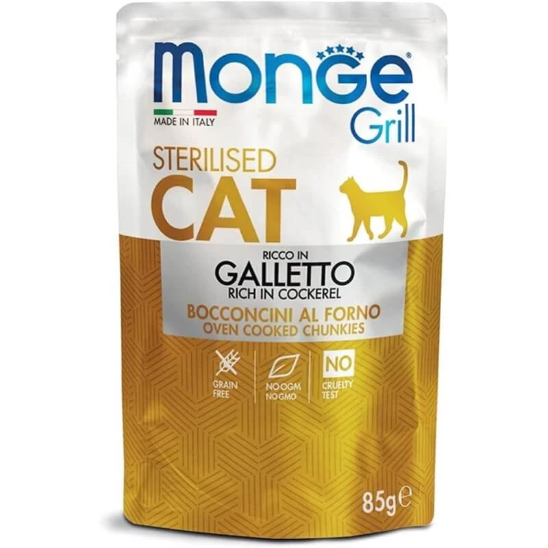 Monge Grill „Sterilized Cat Bites“: Im Ofen gebackener junger Hahn – Alleinfuttermittel für kastrierte Katzen, 85 g