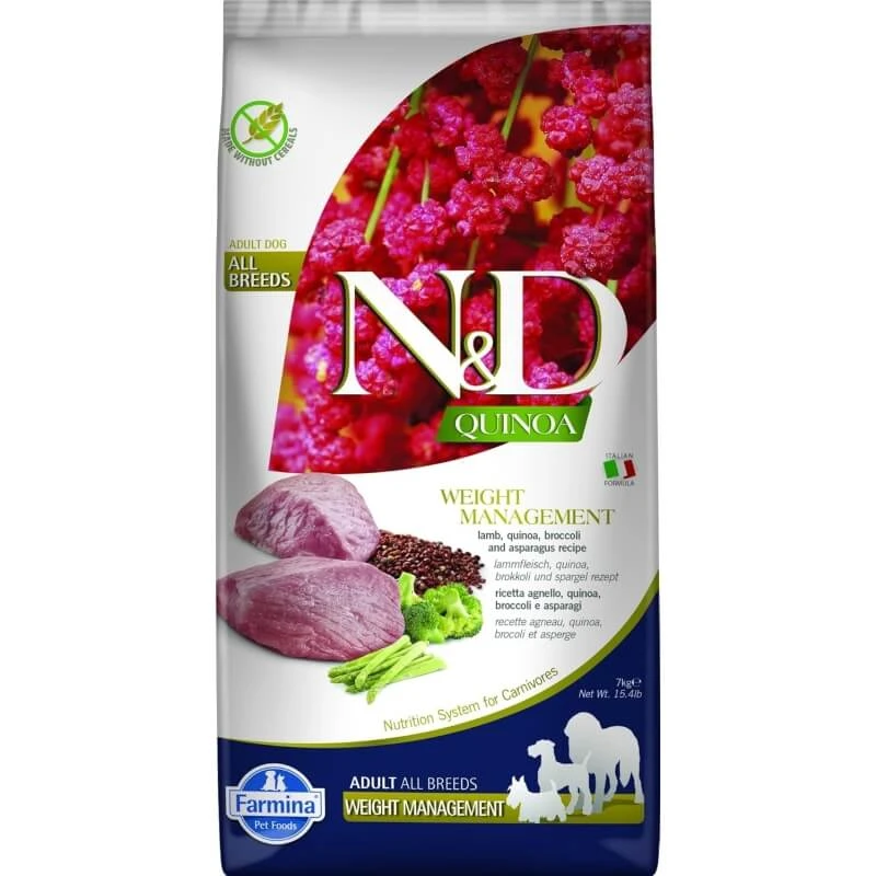 Farmina N&d Quinoa Weight Management Lamm, Quinoa, Brokkoli und Spargel – Diätfutter für ausgewachsene mittelgroße bis große Hunde, 7 kg