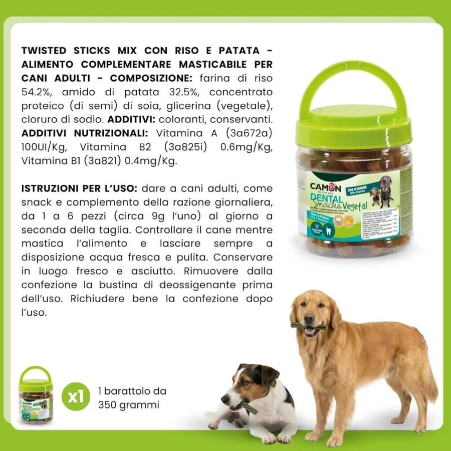 Camon Dental snack vegetal – hrană pentru câini cu orez, cartofi și vitamine adăugate, 350 gr