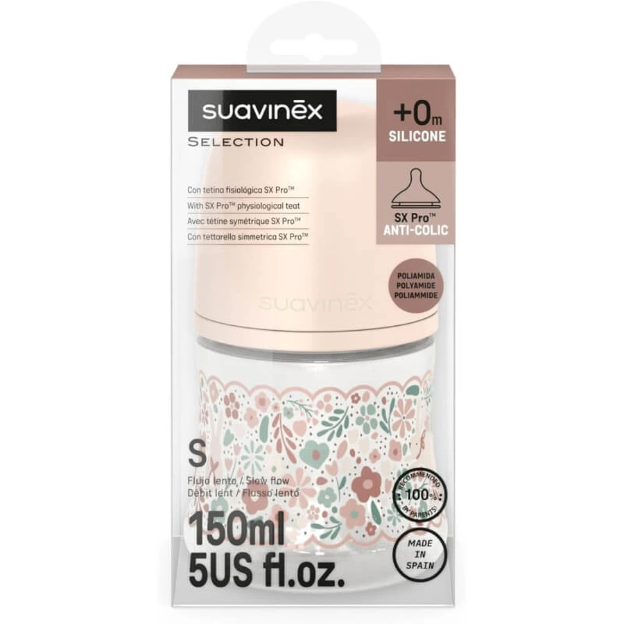 Suavinex Wonderland - Biberon à débit lent - Imprimé Liberty rose, 150 ml
