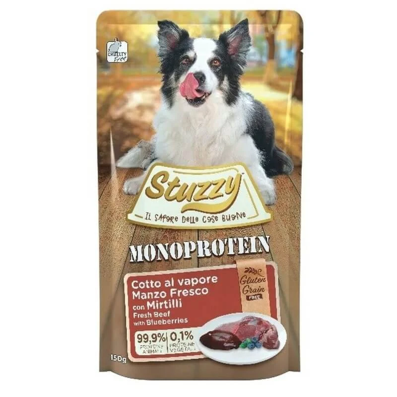 Stuzzy Monoprotein – getreide- und glutenfrei mit Rindfleisch und Heidelbeeren – Alleinfuttermittel für ausgewachsene Hunde, 150 g