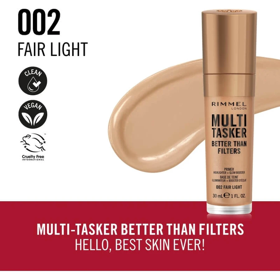Rimmel multi-tasker „Better than Filters” 3 în 1 – primer, amplificator de strălucire și iluminator nr. 002 fair light