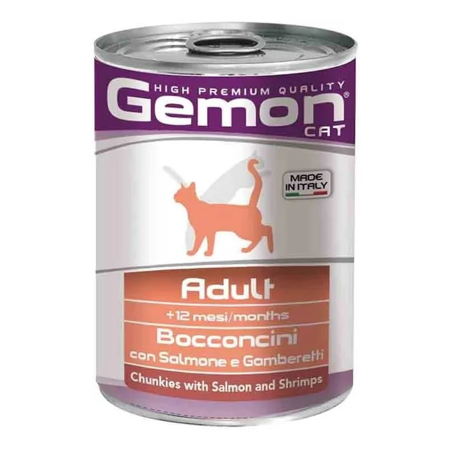 Gemon Adult bucățele de somon/creveți – hrană umedă pentru pisici, 1 conservă de 415 gr