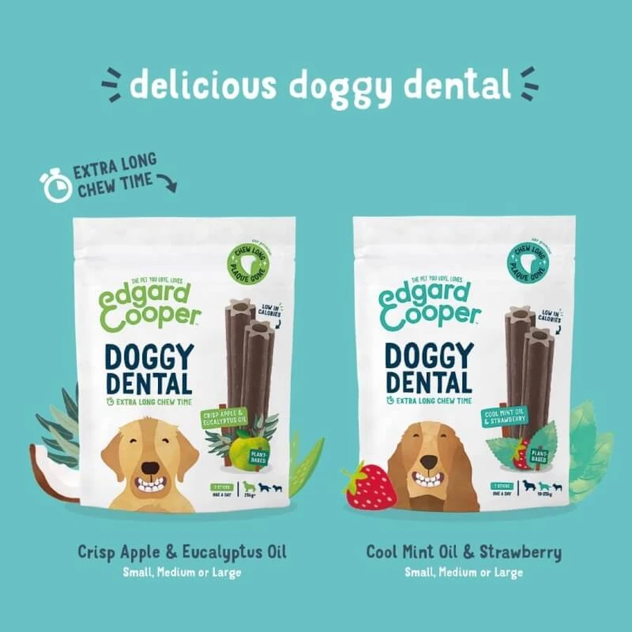 Edgard &amp; Cooper Doggy Dental – baston dentar vegetal pentru câini de talie mare, cu aromă de căpșuni și mentă, 255 g