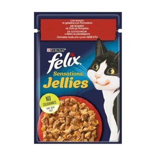 Purina Felix Sensations Jellies cu carne de vită și roșii – hrană complementară pentru pisici adulte, 85 g