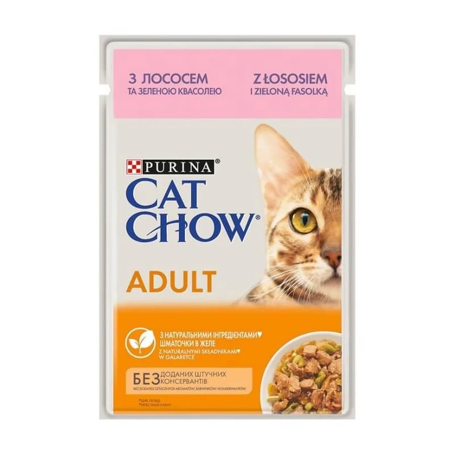 Purina Cat Chow Sens cu somon și dovlecei – hrană umedă completă pentru pisici sensibile, 85 g