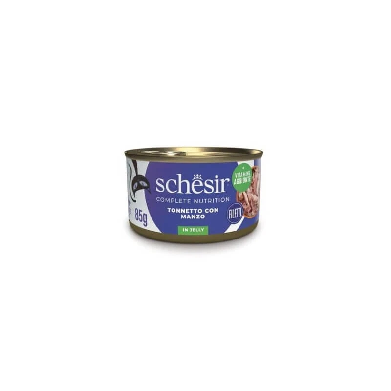 Schesir Complete Nutrition: Thunfischfilets in Gelee mit Rindfleisch – Alleinfuttermittel für Katzen, 85 g