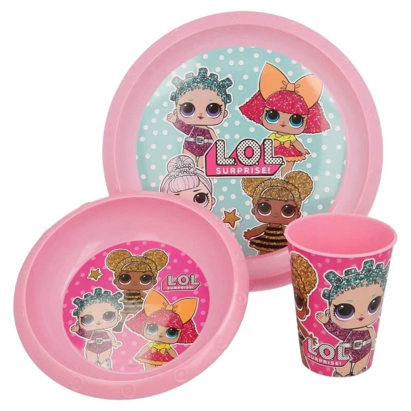„Lol Surprise“-Geschirrset mit einem flachen Teller, einer Suppenschüssel und einem rosa Glas