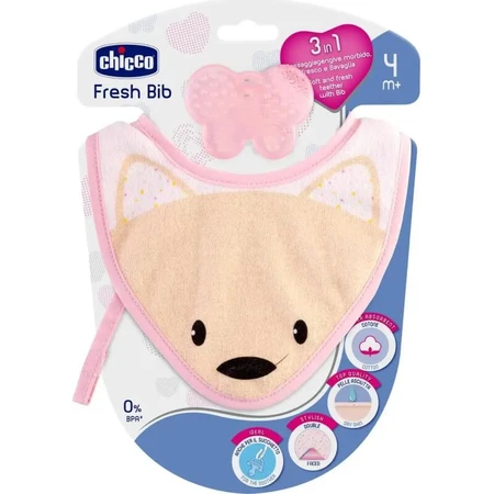 Chicco Fresh Bib – bavetă roz cu jucărie pentru gingii