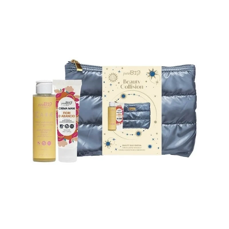 Puro Bio Beauty Collision – Zweiphasiger Gesichts-Make-up-Entferner 100 ml + Handcreme mit Orangenblüten 50 ml + Kosmetiktasche