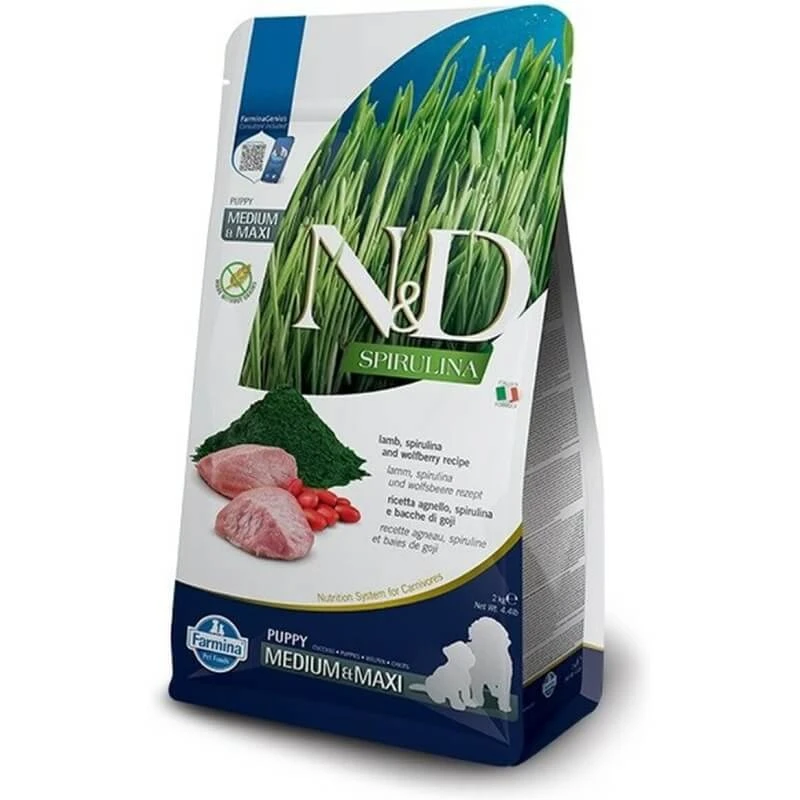 Farmina N&D Spirulina Puppy Medium & Maxi mit Lamm – Alleinfuttermittel für Hunde, 2 kg